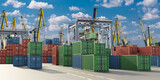 Shipping containers stacked at busy seaport terminal with cranes loading cargo for international logistics and global trade operations. Activity: Logistics, Transport.