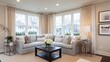 © Chaweewan - Airy living room with light gray sofa, light beige walls, and plenty of natural light