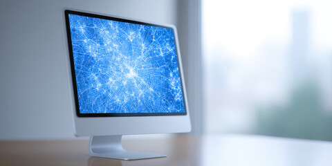 a monitor displays a complex blue network pattern with bright nodes, sitting on a desk. digital conn