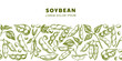 © Qualit Design - Soybean horizontal seamless background. Hand drawn sketch vector illustration of soybeans, pods, seeds on green plant