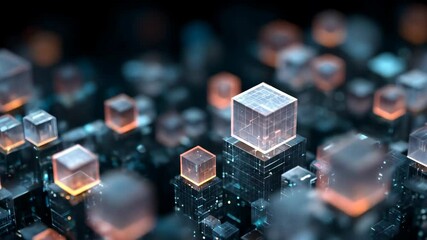 Abstract computer data background with floating cube structure. Digital blockchain technology and decentralized network concept footage.