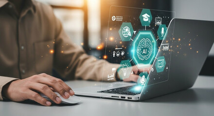 Person using laptop with ai interface overlay