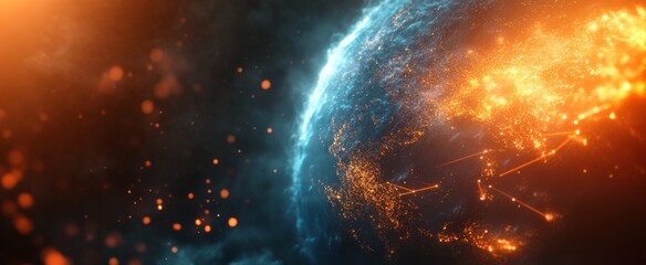 digital background featuring an earth with blue and orange light beams, bokeh lights, and digital co