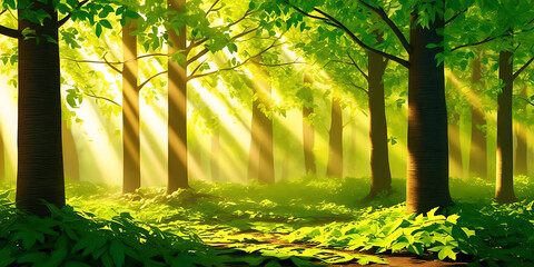  Sunlit Forest with Lush Greenery and Soft Rays

