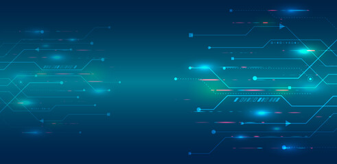 Wall Mural - Futuristic blue background with circuit board and digital elements symbolizing growth, development and technology. Ideal for business presentations, banners and IT design.