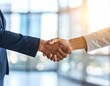 © Phoenix - photo of a professional handshake between two businesspeople from diverse backgrounds, in a modern office with natural lighting and a blurred cityscape behind them.