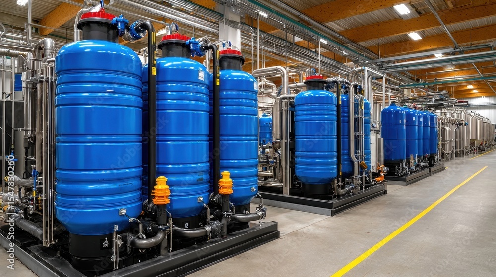 Blue industrial tanks sit inside a water treatment plant with modern ...