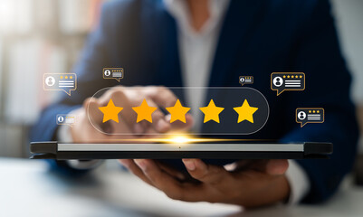 Canvas Print - consumer use tablet to complete online customer satisfaction survey, rating 5 stars for excellent se