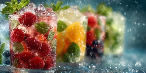 Tall, dewy glasses of colorful fruit cocktails overflow with sparkling ice, mint, and fresh berries, all arranged on a wet, reflective surface.