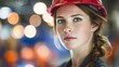 © Atmospheric stock - Caucasian female young adult engineer in red hard hat with braided hair