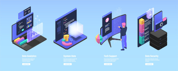 Data analytics and system, tech support and security. Vector pc computer and laptop, screen and tablet with diagrams and codes on dark screens. Software development, engineering and machine learning