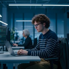 young programmer working late on laptop in modern office