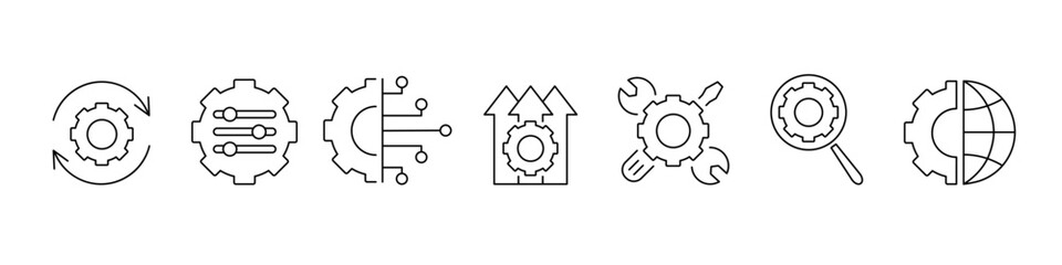Gear linear icons set.

Settings for mobile app development, software tool interfaces and optimization panels. System configuration and automation tools. Vector illustration