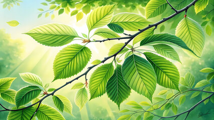 Fresh green leaves on tree branch spring foliage nature background wallpaper illustration art design image