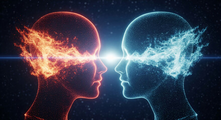 Wall Mural - abstract image of two glowing heads, one red, one blue, facing each other, symbolizing duality, bala
