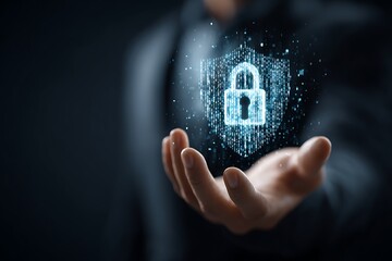 vibrant photo of businessman holding a virtual shield with a lock icon and binary code on a dark bac