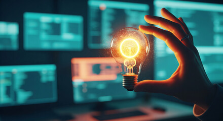 Wall Mural - hand holding glowing lightbulb against blurred computer screens, symbolizing innovation, ideas, and 