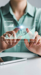 Wall Mural - hands interacting with a transparent screen displaying graphs and charts, showcasing business analyt