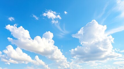 a serene view of fluffy white clouds drifting across a bright blue sky, creating a peaceful and calm