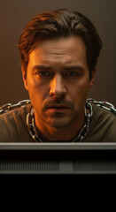 Wall Mural - close-up of man with brown hair, wearing chain around neck, looking at screen, dark background, conv