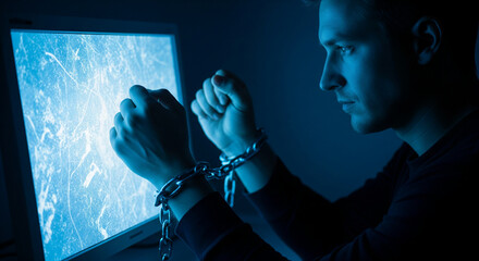 Wall Mural - man's hands chained, reaching for a computer screen, depicting digital addiction or internet captivi