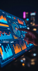 Wall Mural - close-up of a hand interacting with a digital screen displaying graphs and charts, symbolizing data 