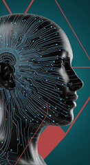 Wall Mural - profile of a black robotic head with blue circuit lines, set against a teal and red geometric backgr