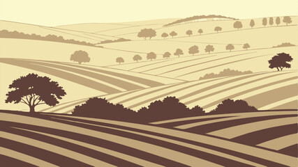 Serene Rolling Hills Landscape Design featuring stylized trees and fields perfect for branding and logos