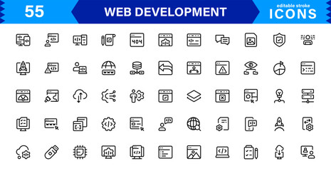 Modern Web Development Icon Set Featuring Coding, Websites, Programming, Design, and Development Concepts in a Professional, Clean Vector Style