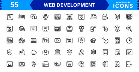 Modern Web Development Icon Set Featuring Coding, Websites, Programming, Design, and Development Concepts in a Professional, Clean Vector Style