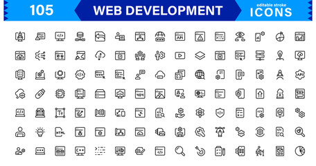 modern web development icon set featuring coding, websites, programming, design, and development con