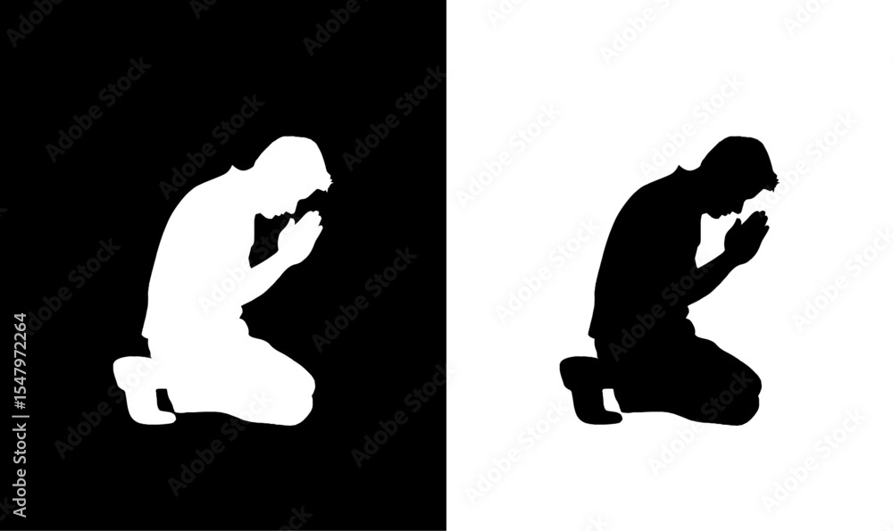 man kneeling praying silhouette vector illustration, man silhouette ...