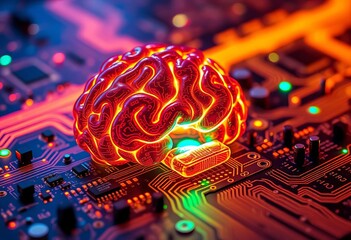 Wall Mural - Glowing brain integrated circuit, AI motherboard, system, brain