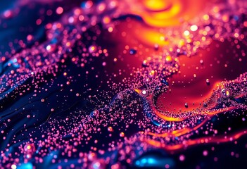Wall Mural - Glowing particles shimmer on a dark, abstract liquid metal surface Futuristic, sci-fi aesthetic,  black,  shimmer