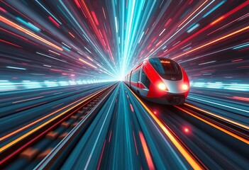 Wall Mural - Futuristic high-speed train streaks across a holographic sky, light beam bridge in the distance,  powerful, glow
