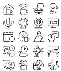 Workspace, Office, Workstation, Productivity Icons. A collection of line art icons related to work, remote work and productivity.