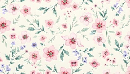  Delicate floral pattern showcasing pink blossoms and green foliage against a light background.