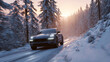 © Mr.Spy - A black SUV with headlights on navigates a snowy forest road with motion blur, capturing the essence of winter adventure and challenging driving conditions under a bright sunset.