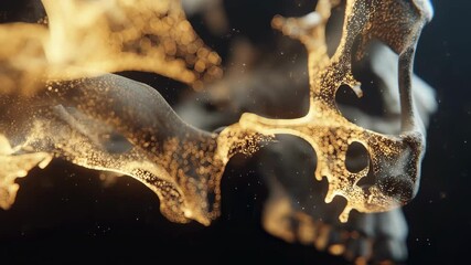 Wall Mural - Medical animation visualizing bone degradation and aging process, golden particles flowing from human skull against dark background, highlighting skeletal system deterioration and bone fragility