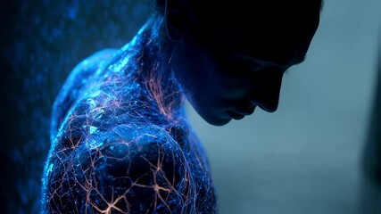 Wall Mural - Medical visualization showing glowing veins and fractal tissue breaking apart on a human body, useful for medical science and healthcare presentations