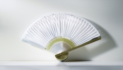 there is a small white fan on a white table