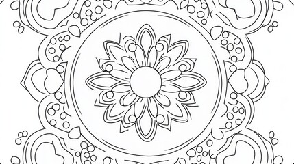  Circular floral patterned line art design, detailed black and white artwork