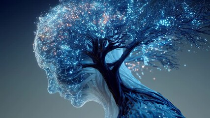 Wall Mural - particles and glowing points of light are growing like a tree from an elderly person's head, symboli