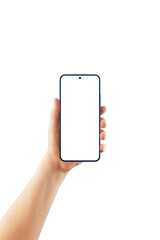 Wall Mural - female hand holding modern smartphone with centered camera and blank screen. isolated on transparent