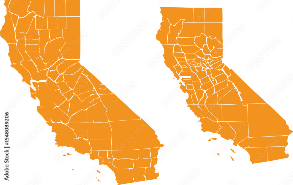 Orange Vector Map of California with Counties and Major Cities Stock ...