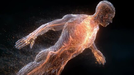 Wall Mural - Luminous orange particles constructing human body silhouette, progressively forming anatomical shape against stark black background, symbolizing biological energy and dynamic movement