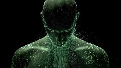 Wall Mural - Green glowing particles emanate from a human body against a black background, visualizing the concept of medical science and biometric data analysis