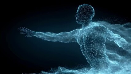 Wall Mural - Luminous particles coalescing into human silhouette, extending single arm, representing dynamic energy transmission and holistic healing process within medical visualization framework