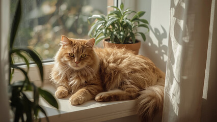 Naklejka na meble A cat is laying on a windowsill next to a plant