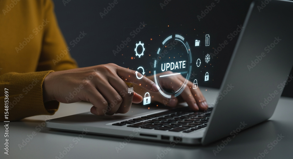 Foto Businessperson interacting with software update interface on ...